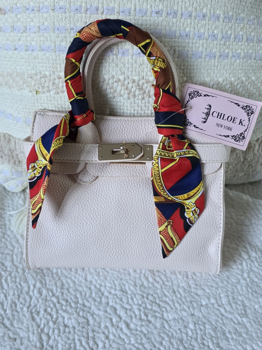 Chloe K Cream Leather Top-Handle Bag with Decorative Scarf